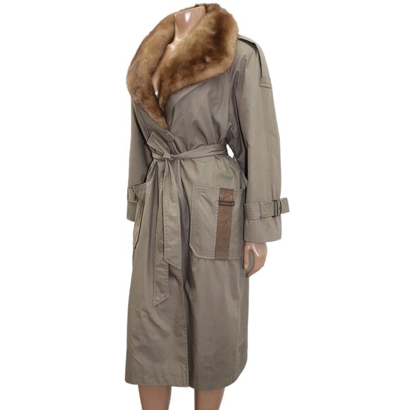 TIMELESS Vintage Classic Belted Trench Coat with Fur Collar M-L - Picture 2 of 8